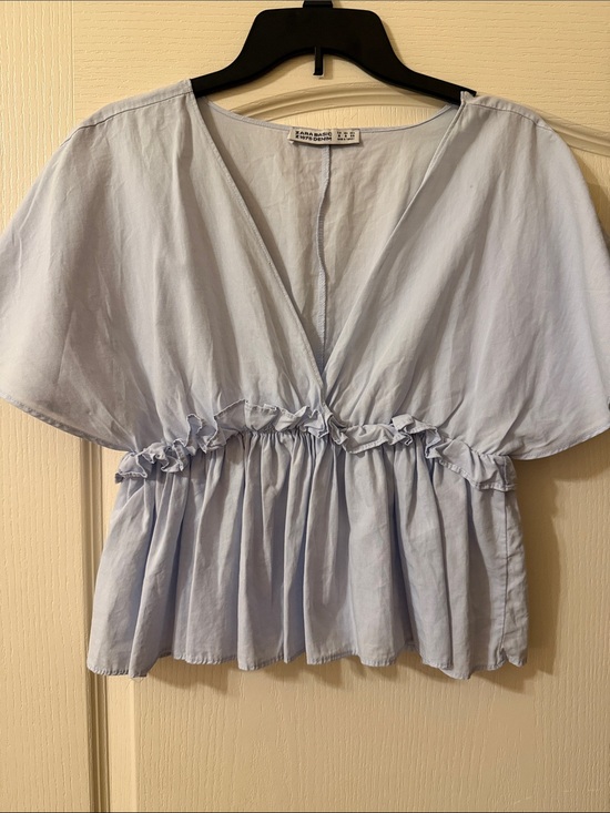 Zara Tops - Zara Pale Blue Ruffle-Trim Peplum Blouse